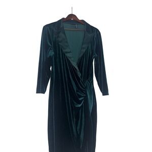 HALSTON Velvet Wrap Midi Dress Emerald Green Tuxedo Collar Long Sleeve Ruched